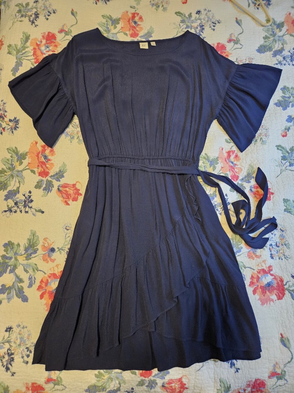 GAP Navy Tie-Waist Midi Dress with Ruffle Hem